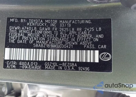 2019 Lexus Es 350 from USA, damaged, VIN 58ABZ1B14KU030421